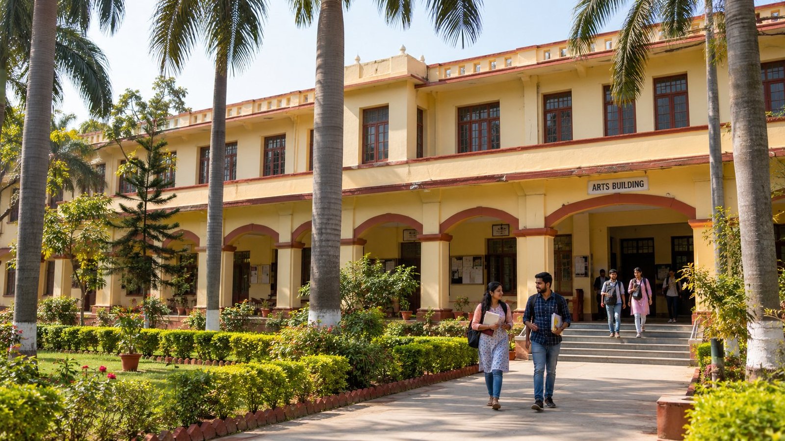 A study of a verandah. Not a photograph from 1964, and the people are not students of this college