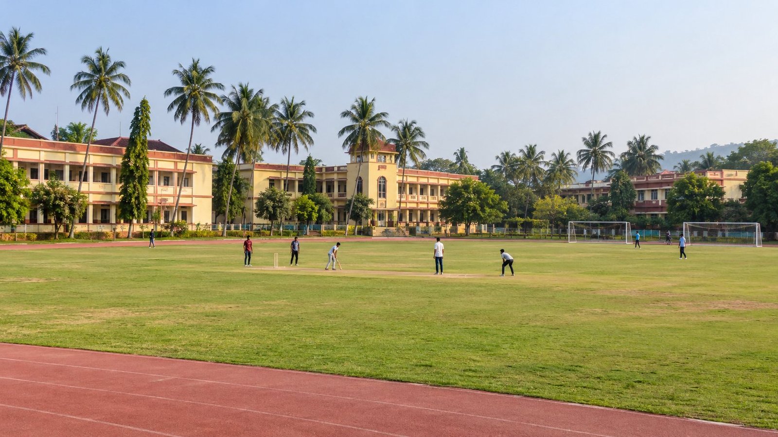 A study of a college ground with a pitch and a running track